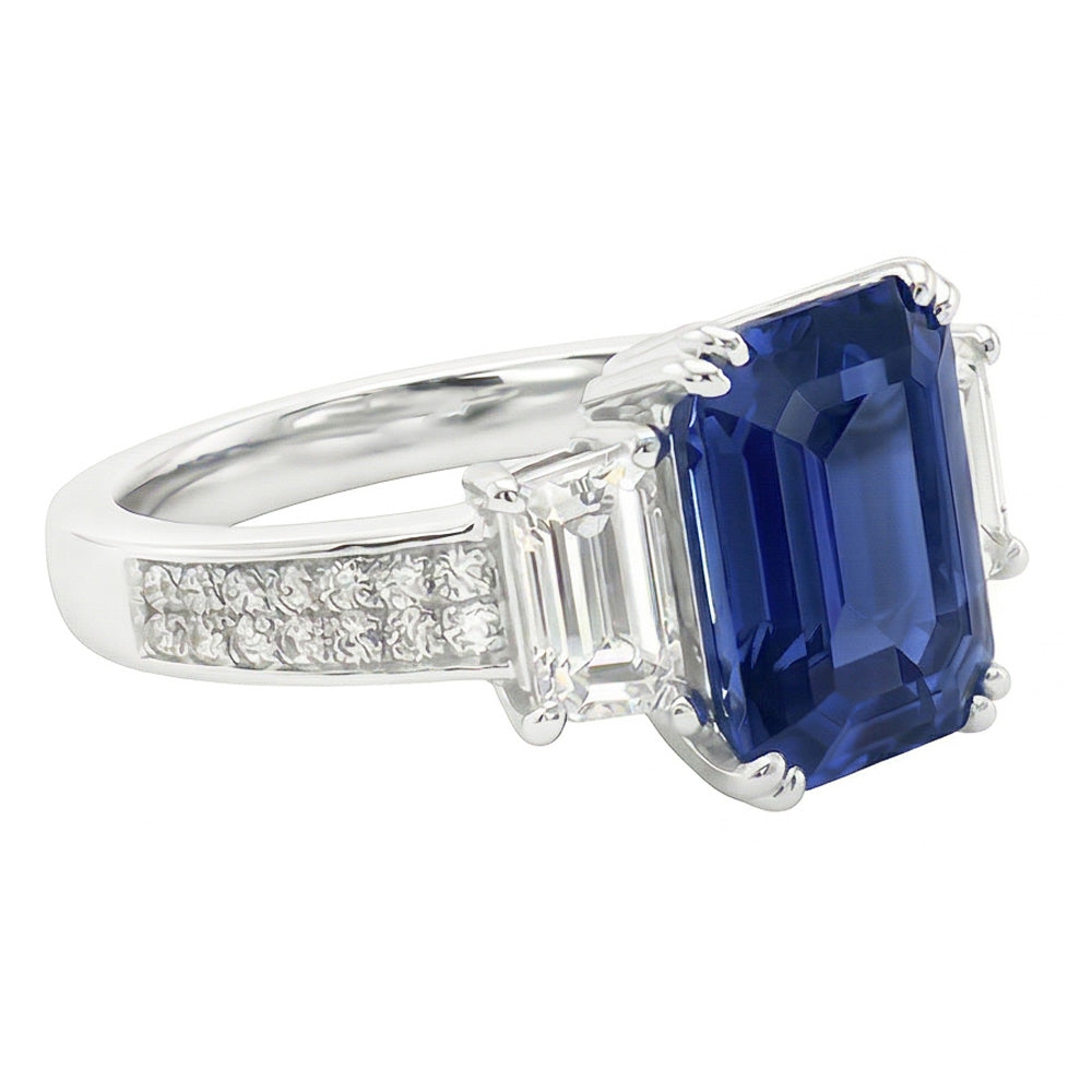 Anello Gemma Smeraldo Zaffiro 4.50 Carati Trapezio & Diamanti Naturali Autentici ( non creati in laboratorio ) Rotondi