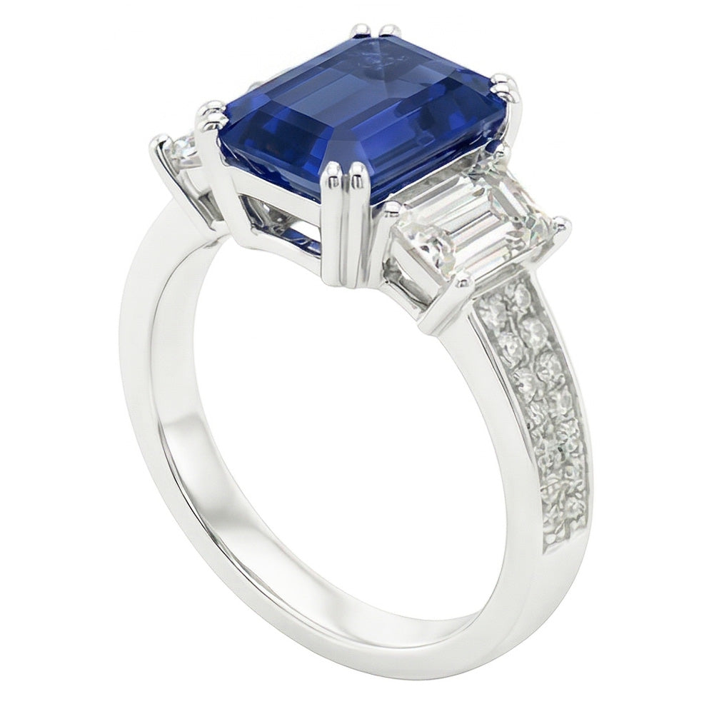 Anello Gemma Smeraldo Zaffiro 4.50 Carati Trapezio & Diamanti Naturali Autentici ( non creati in laboratorio ) Rotondi