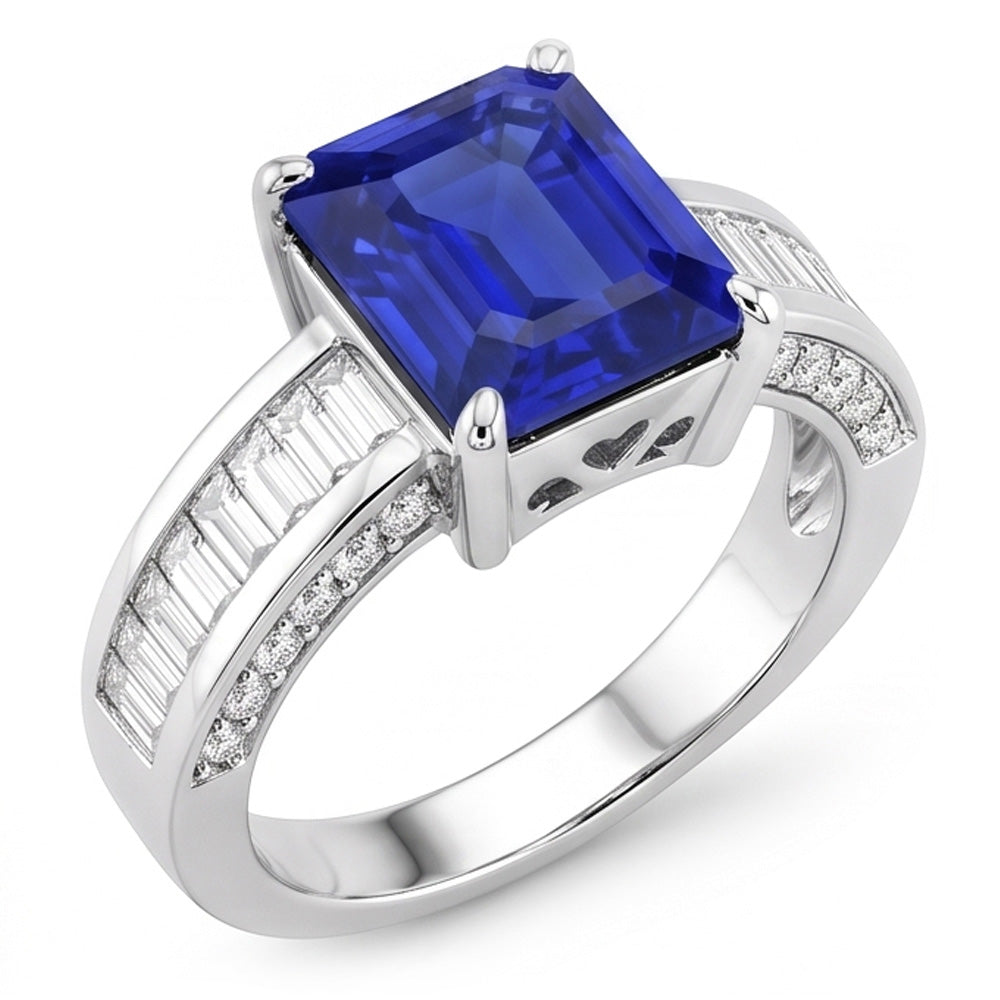 Anello Gemma Smeraldo Zaffiro Baguette & Diamanti Naturali Autentici ( non creati in laboratorio ) Rotondi 4.50 Carati