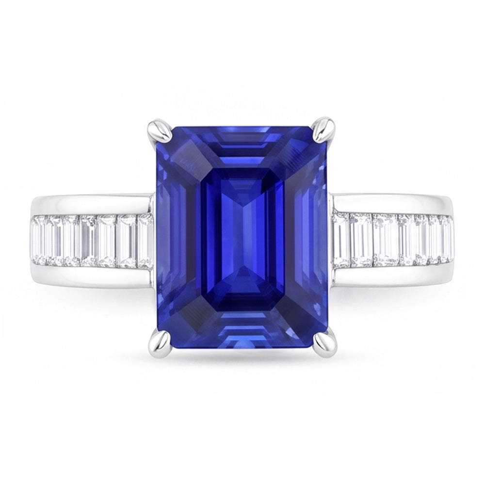 Anello Gemma Smeraldo Zaffiro Baguette & Diamanti Naturali Autentici ( non creati in laboratorio ) Rotondi 4.50 Carati