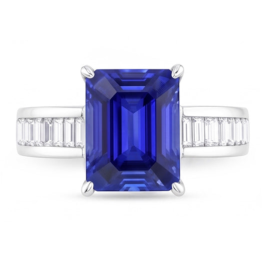 Anello Gemma Smeraldo Zaffiro Baguette & Diamanti Naturali Autentici ( non creati in laboratorio ) Rotondi 4.50 Carati