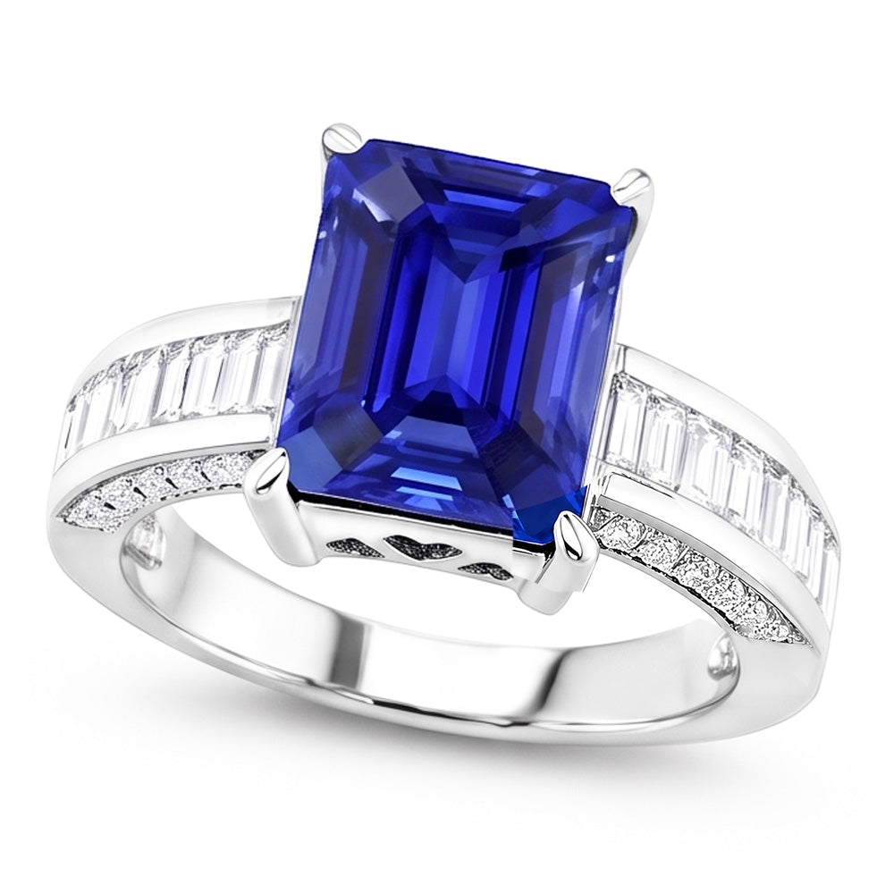 Anello Gemma Smeraldo Zaffiro Baguette & Diamanti Naturali Autentici ( non creati in laboratorio ) Rotondi 4.50 Carati