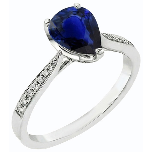 Anello Gioiello 2,50 Carati Pietre Preziose Pera Zaffiro Blu Scuro e Diamanti Naturali Autentici ( non creati in laboratorio )