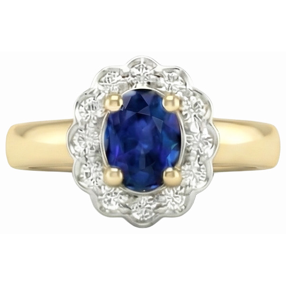 Anello Halo 2,25 carati. Sri Lanka Sapphire Diamonds Two Tone New con oro giallo e bianco 14K
