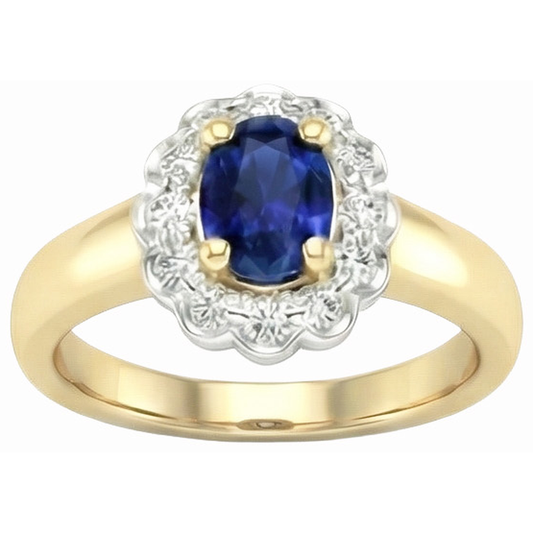 Anello Halo 2,25 carati. Sri Lanka Sapphire Diamonds Two Tone New con oro giallo e bianco 14K