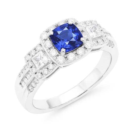 Anello Halo 3.50 carati con diamante zaffiro cuscino in gioielli in oro bianco 14K
