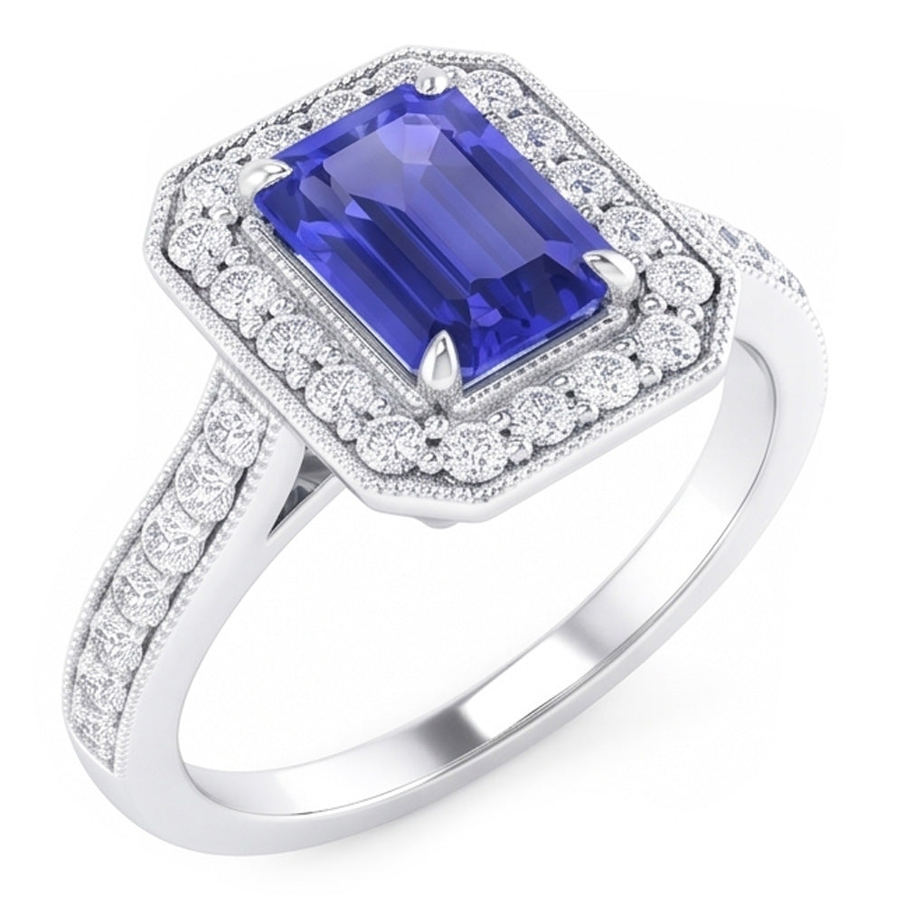 Anello Halo 3 carati smeraldo zaffiro e diamanti in oro bianco 14K Milgrain