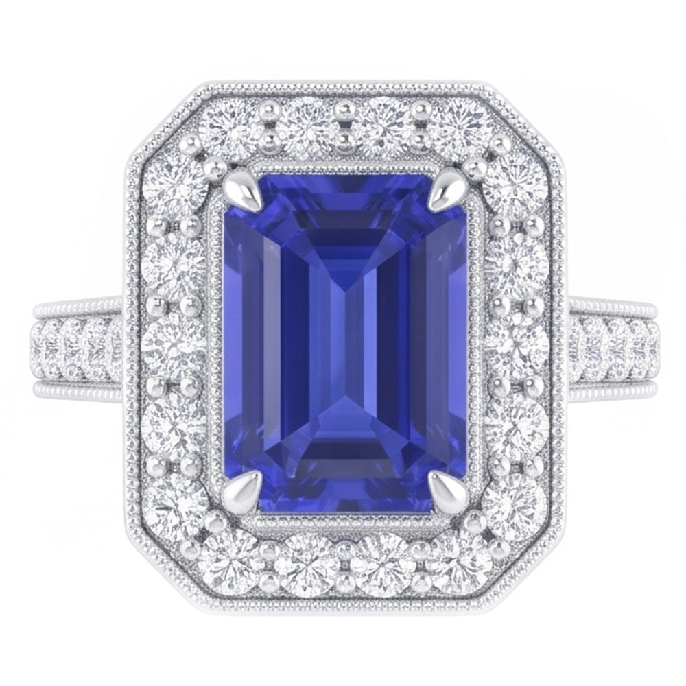 Anello Halo 3 carati smeraldo zaffiro e diamanti in oro bianco 14K Milgrain
