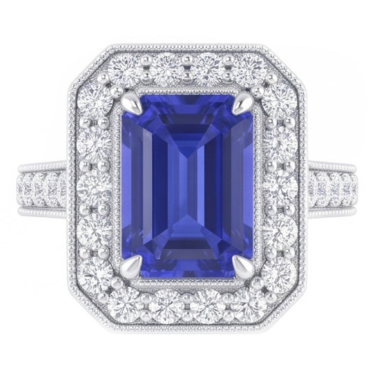 Anello Halo 3 carati smeraldo zaffiro e diamanti in oro bianco 14K Milgrain