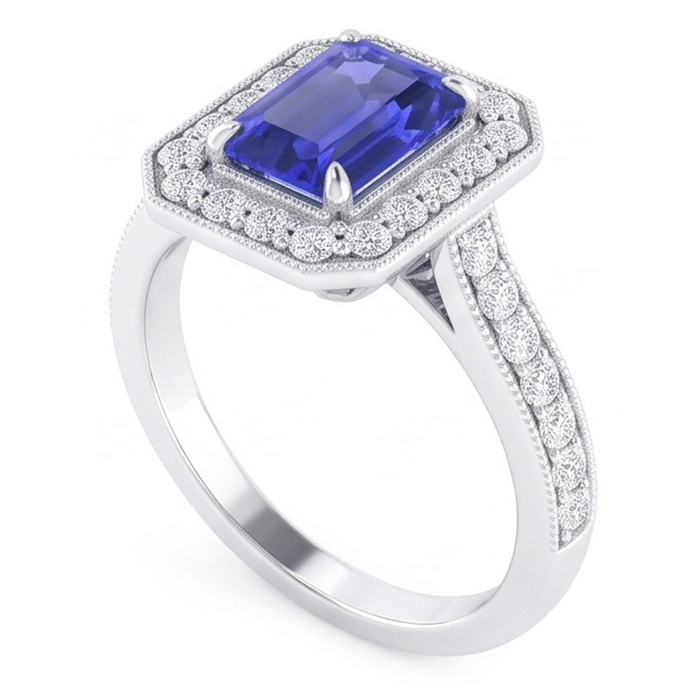 Anello Halo 3 carati smeraldo zaffiro e diamanti in oro bianco 14K Milgrain
