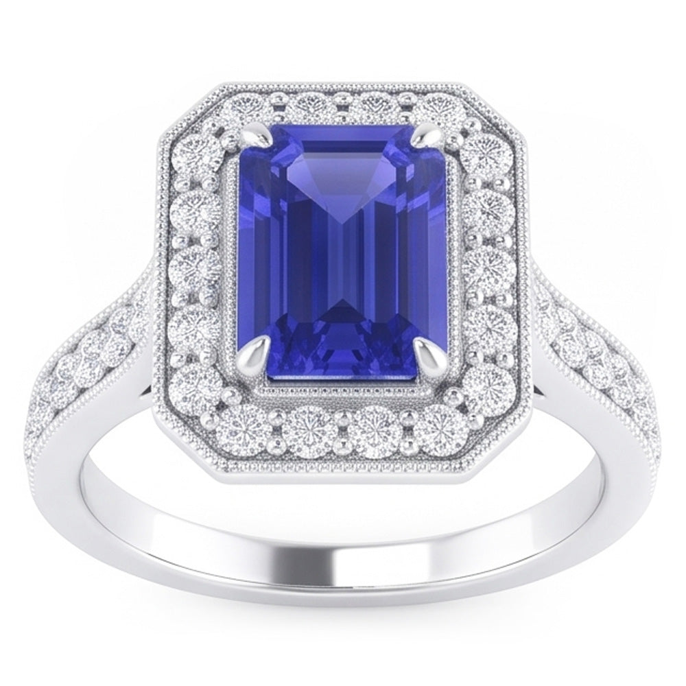 Anello Halo 3 carati smeraldo zaffiro e diamanti in oro bianco 14K Milgrain