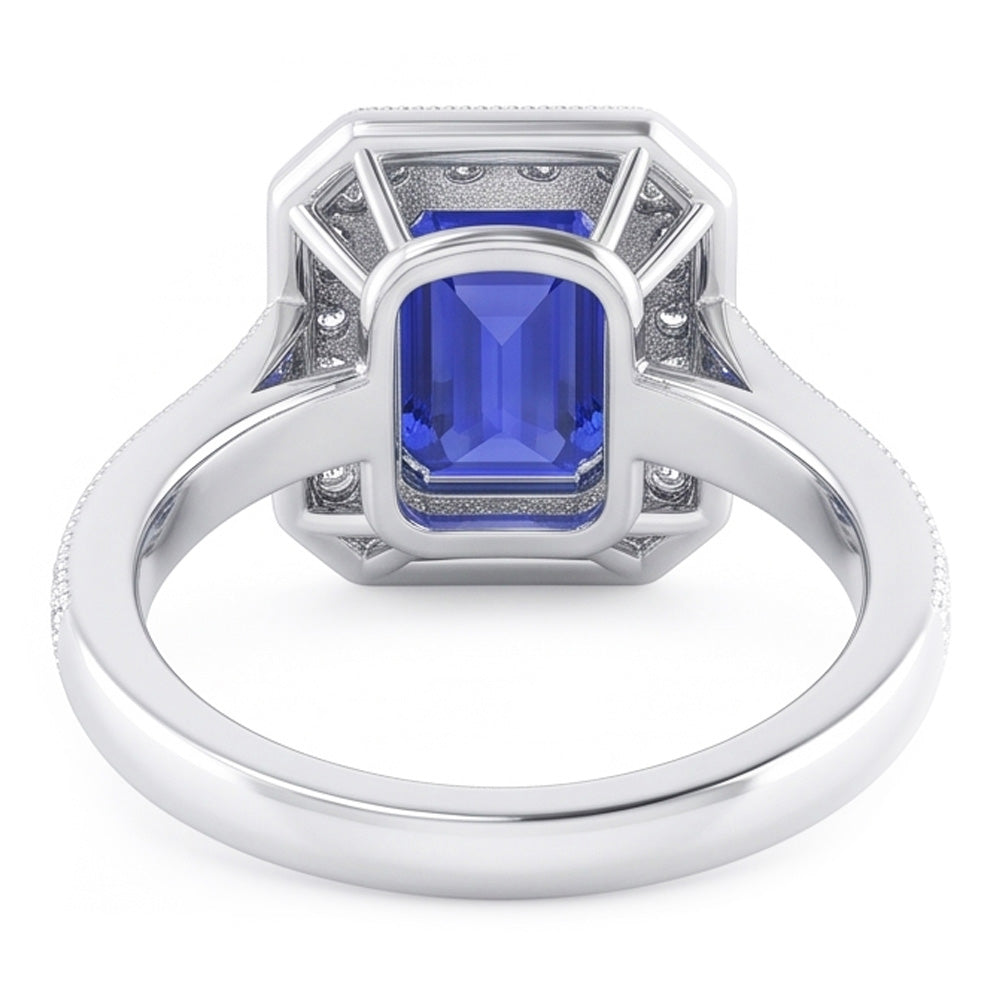 Anello Halo 3 carati smeraldo zaffiro e diamanti in oro bianco 14K Milgrain