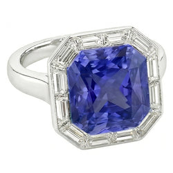 Anello Halo 3,50 carati Zaffiro blu radiante e diamanti Baguette in oro bianco 14K