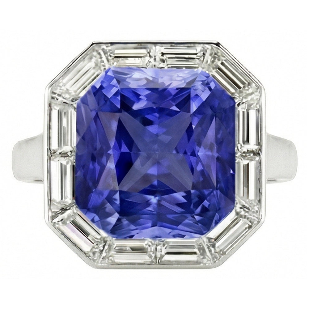 Anello Halo 3,50 carati Zaffiro blu radiante e diamanti Baguette in oro bianco 14K