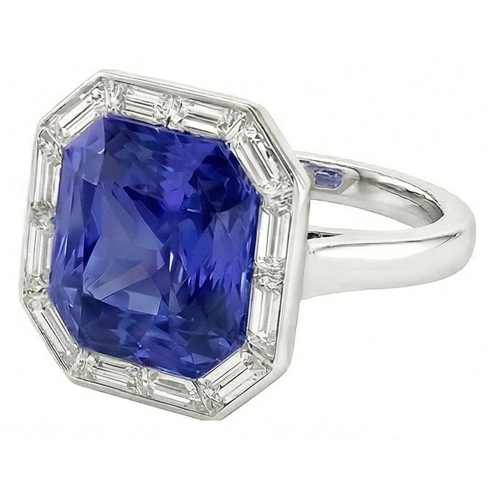 Anello Halo 3,50 carati Zaffiro blu radiante e diamanti Baguette in oro bianco 14K