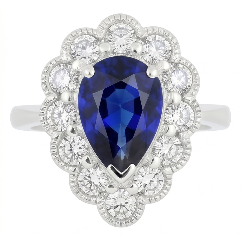 Anello Halo Anniversario Stile Antico Con Zaffiro Blu Pietra Preziosa 3.50 Carati
