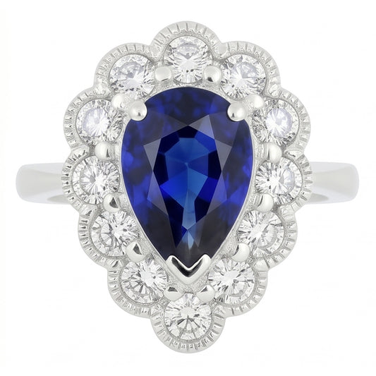 Anello Halo Anniversario Stile Antico Con Zaffiro Blu Pietra Preziosa 3.50 Carati