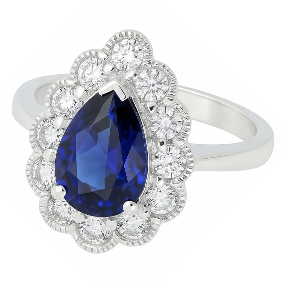 Anello Halo Anniversario Stile Antico Con Zaffiro Blu Pietra Preziosa 3.50 Carati