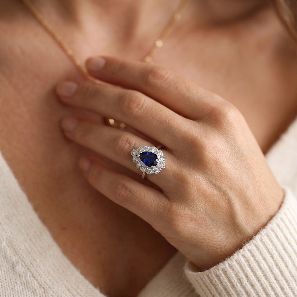 Anello Halo Anniversario Stile Antico Con Zaffiro Blu Pietra Preziosa 3.50 Carati