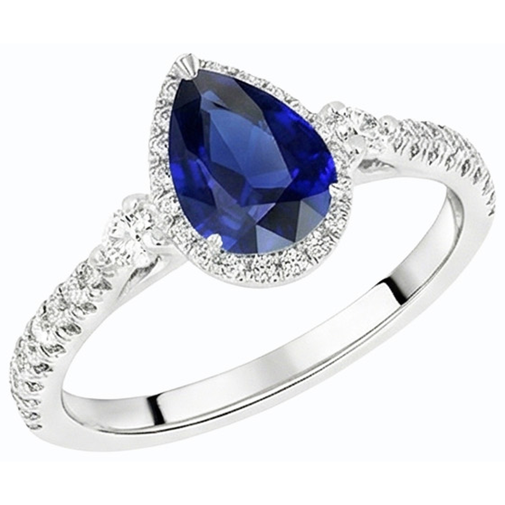 Anello Halo Anniversary con zaffiro Ceylon 5 carati e diamanti in oro bianco 14K