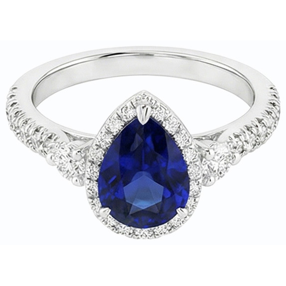 Anello Halo Anniversary con zaffiro Ceylon 5 carati e diamanti in oro bianco 14K