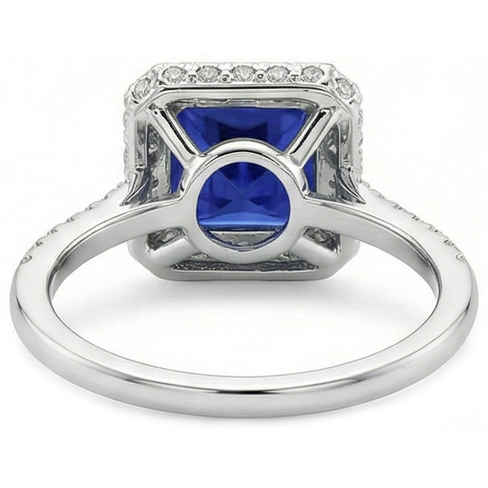 Anello Halo Con Diamanti Rotondi Con Zaffiro Blu Princess Cut Center 6 Carati