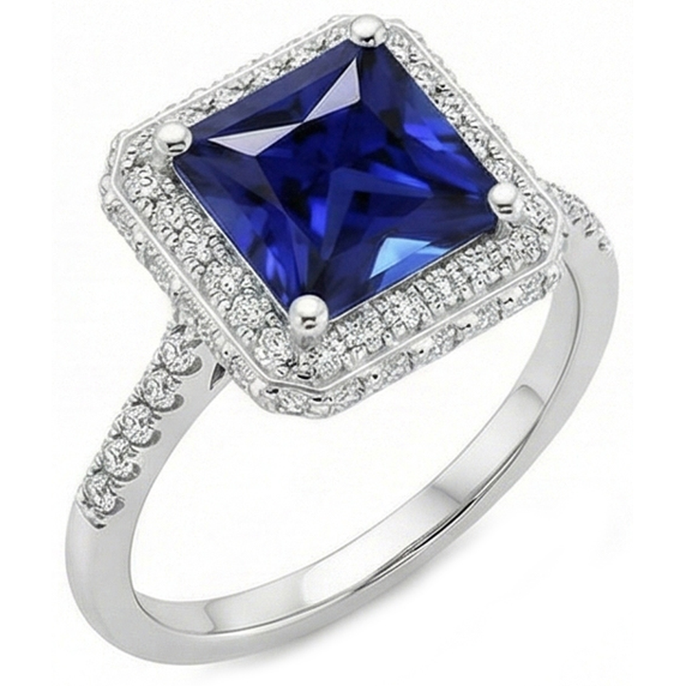 Anello Halo Con Diamanti Rotondi Con Zaffiro Blu Princess Cut Center 6 Carati