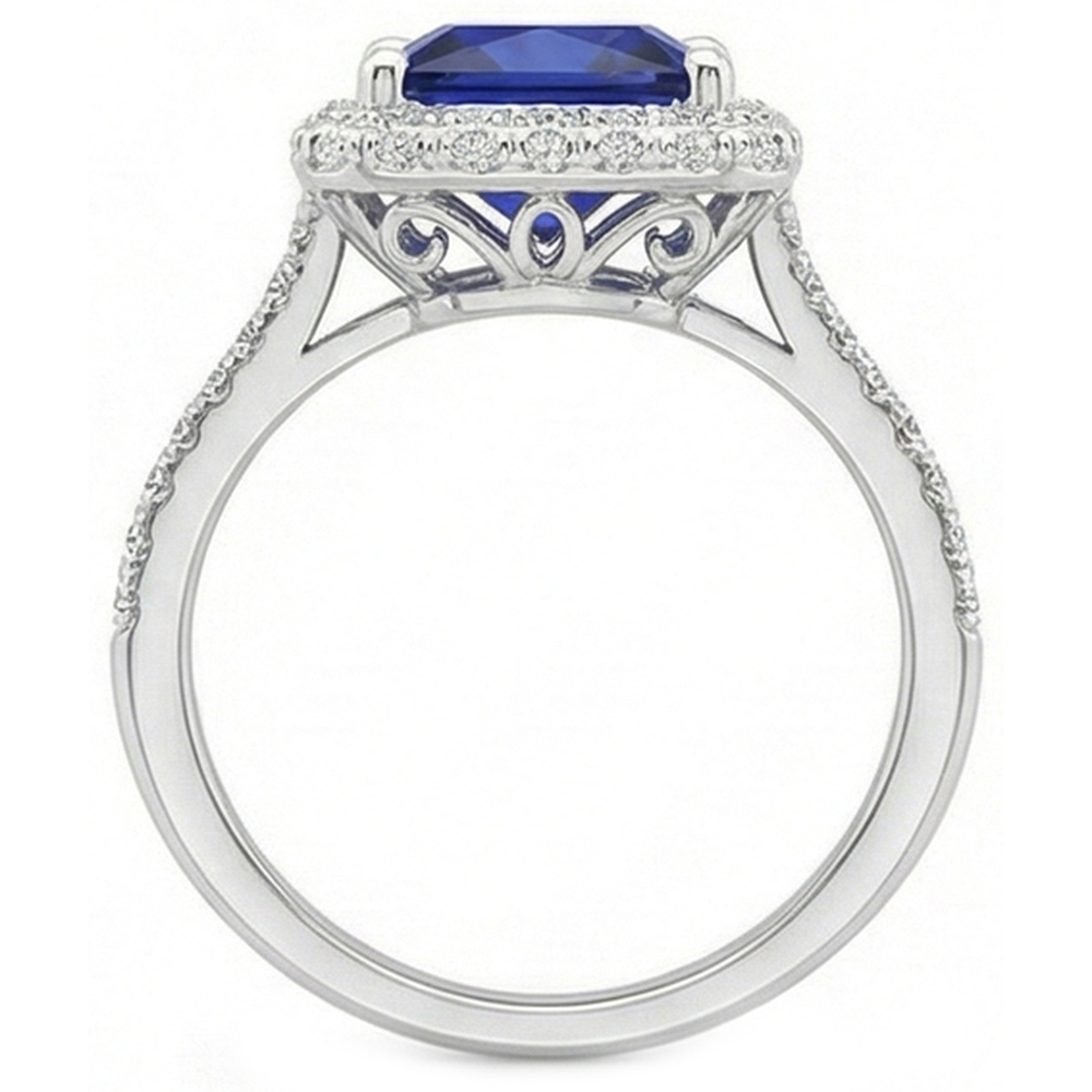 Anello Halo Con Diamanti Rotondi Con Zaffiro Blu Princess Cut Center 6 Carati