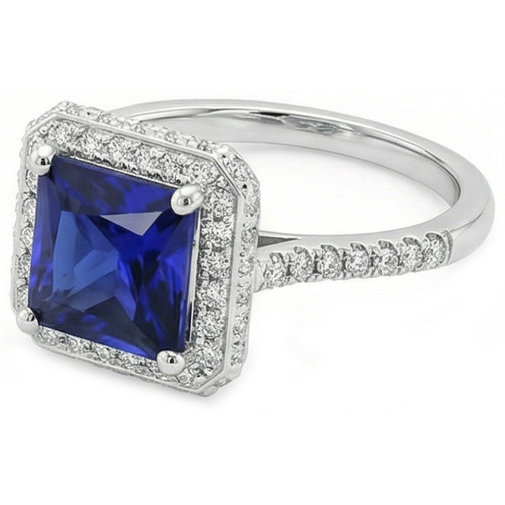 Anello Halo Con Diamanti Rotondi Con Zaffiro Blu Princess Cut Center 6 Carati