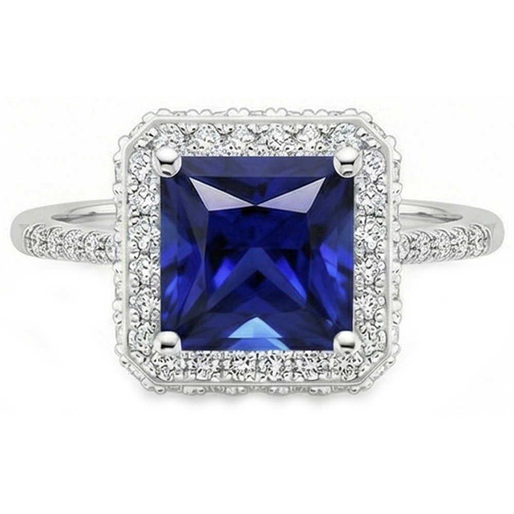 Anello Halo Con Diamanti Rotondi Con Zaffiro Blu Princess Cut Center 6 Carati