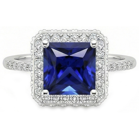 Anello Halo Con Diamanti Rotondi Con Zaffiro Blu Princess Cut Center 6 Carati