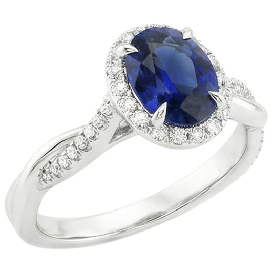 Anello Halo Contorto Stile Ovale Zaffiro Ceylon & Diamanti Naturali Autentici ( non creati in laboratorio ) 4.75 Carati