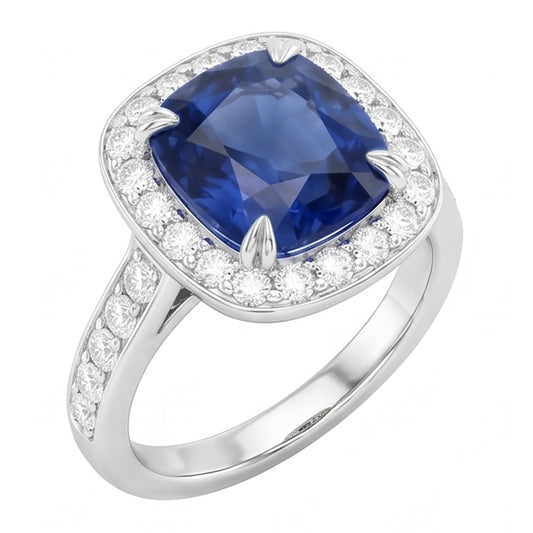 Anello Halo Cushion con zaffiro Ceylon da 3,50 carati e diamante incastonati in oro