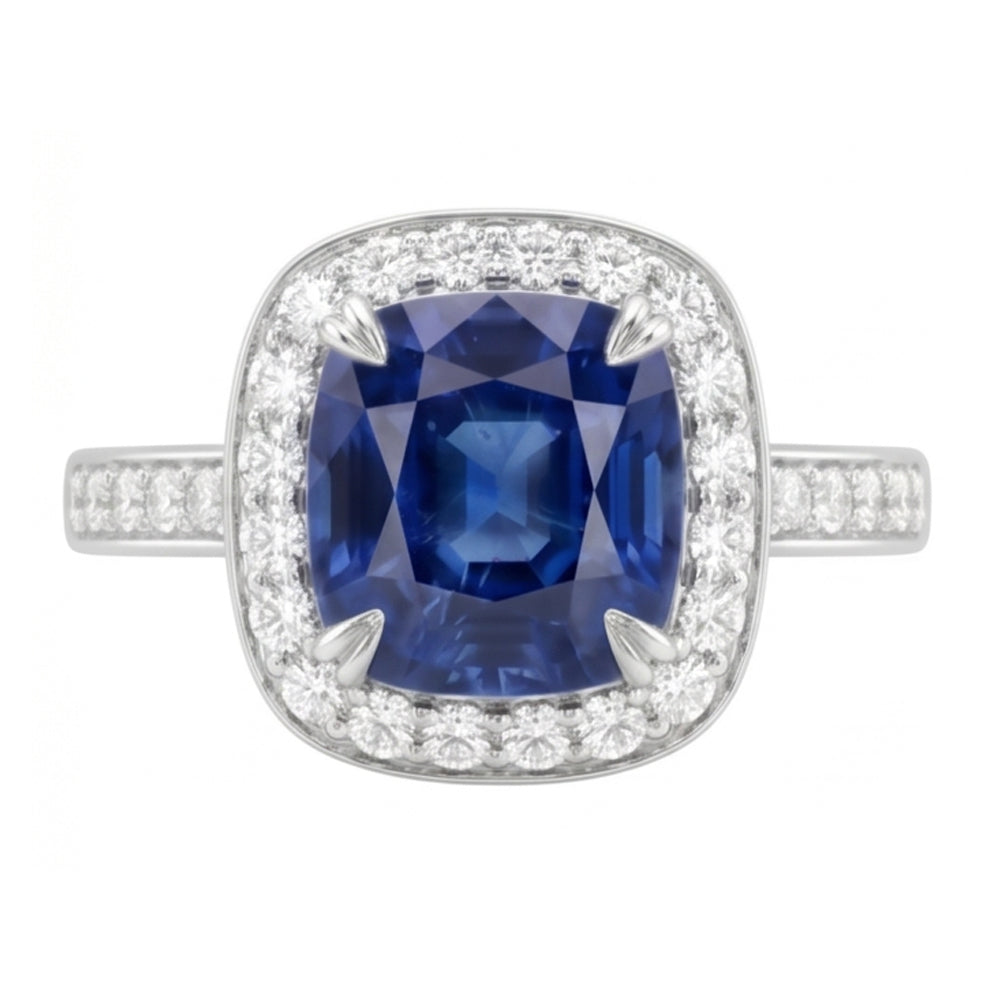 Anello Halo Cushion con zaffiro Ceylon da 3,50 carati e diamante incastonati in oro