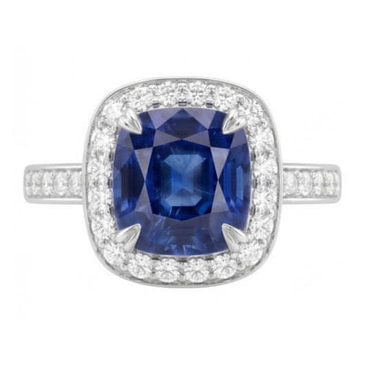 Anello Halo Cushion con zaffiro Ceylon da 3,50 carati e diamante incastonati in oro
