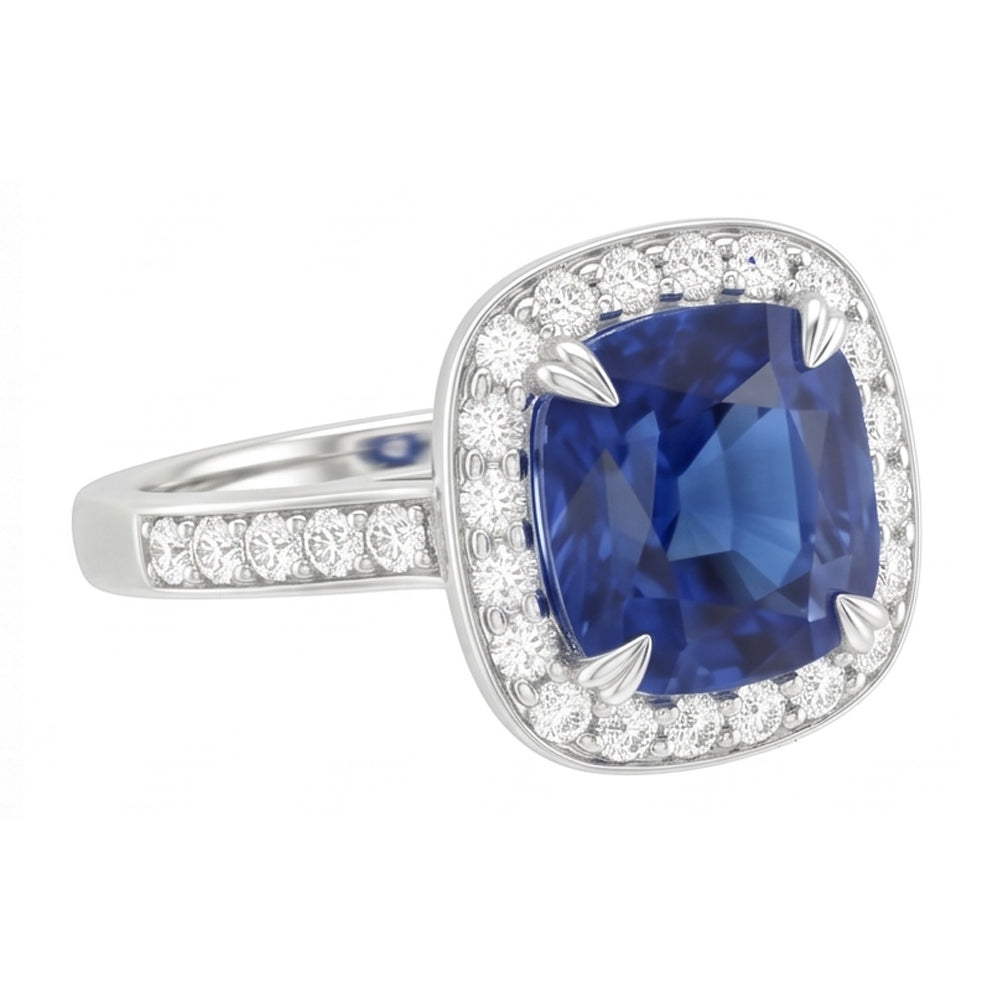 Anello Halo Cushion con zaffiro Ceylon da 3,50 carati e diamante incastonati in oro