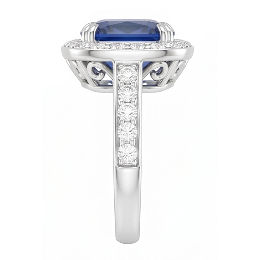 Anello Halo Cushion con zaffiro Ceylon da 3,50 carati e diamante incastonati in oro