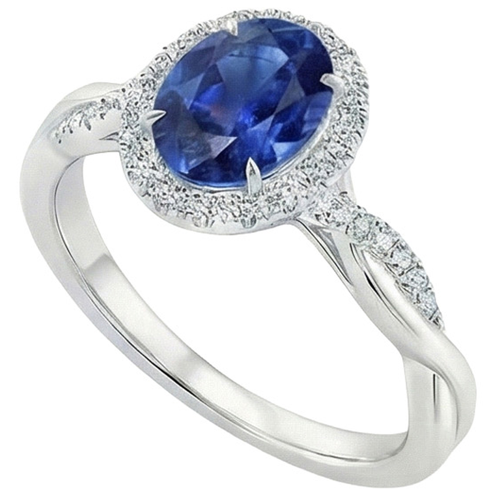 Anello Halo Diamante Bianco Zaffiro Blu Naturale Con Gambo Ritorto 5 Carati
