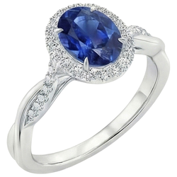 Anello Halo Diamante Bianco Zaffiro Blu Naturale Con Gambo Ritorto 5 Carati