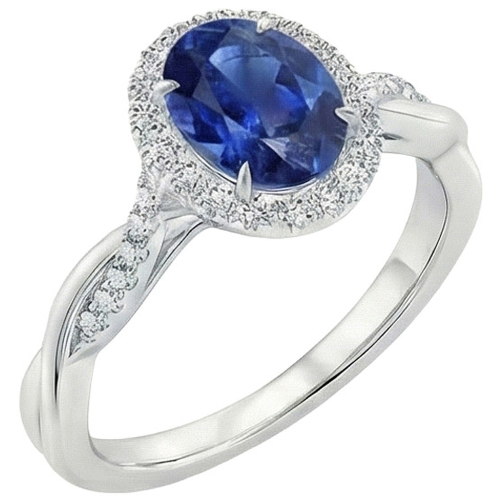 Anello Halo Diamante Bianco Zaffiro Blu Naturale Con Gambo Ritorto 5 Carati