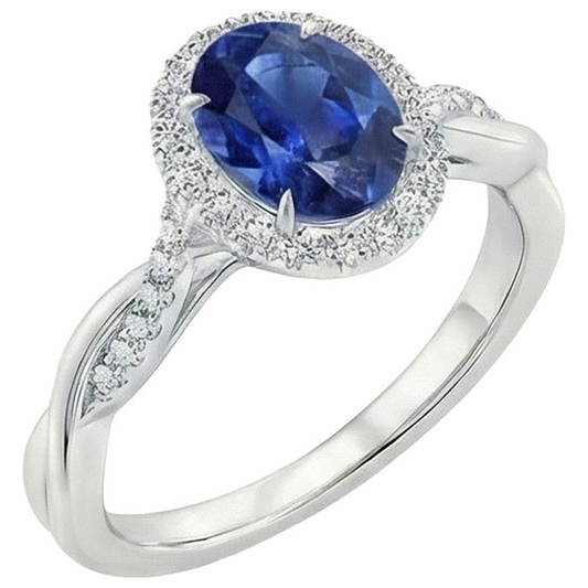 Anello Halo Diamante Bianco Zaffiro Blu Naturale Con Gambo Ritorto 5 Carati
