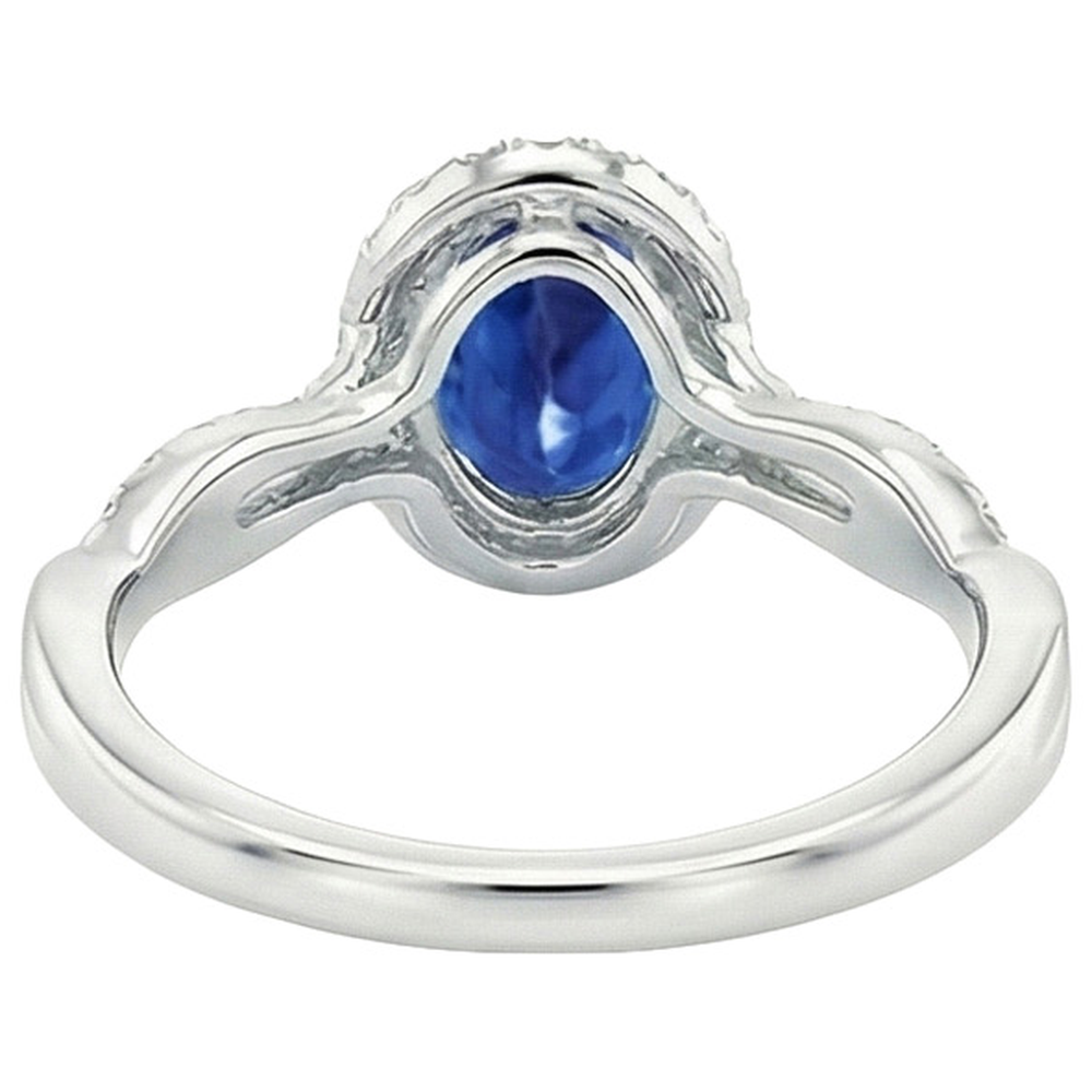 Anello Halo Diamante Bianco Zaffiro Blu Naturale Con Gambo Ritorto 5 Carati