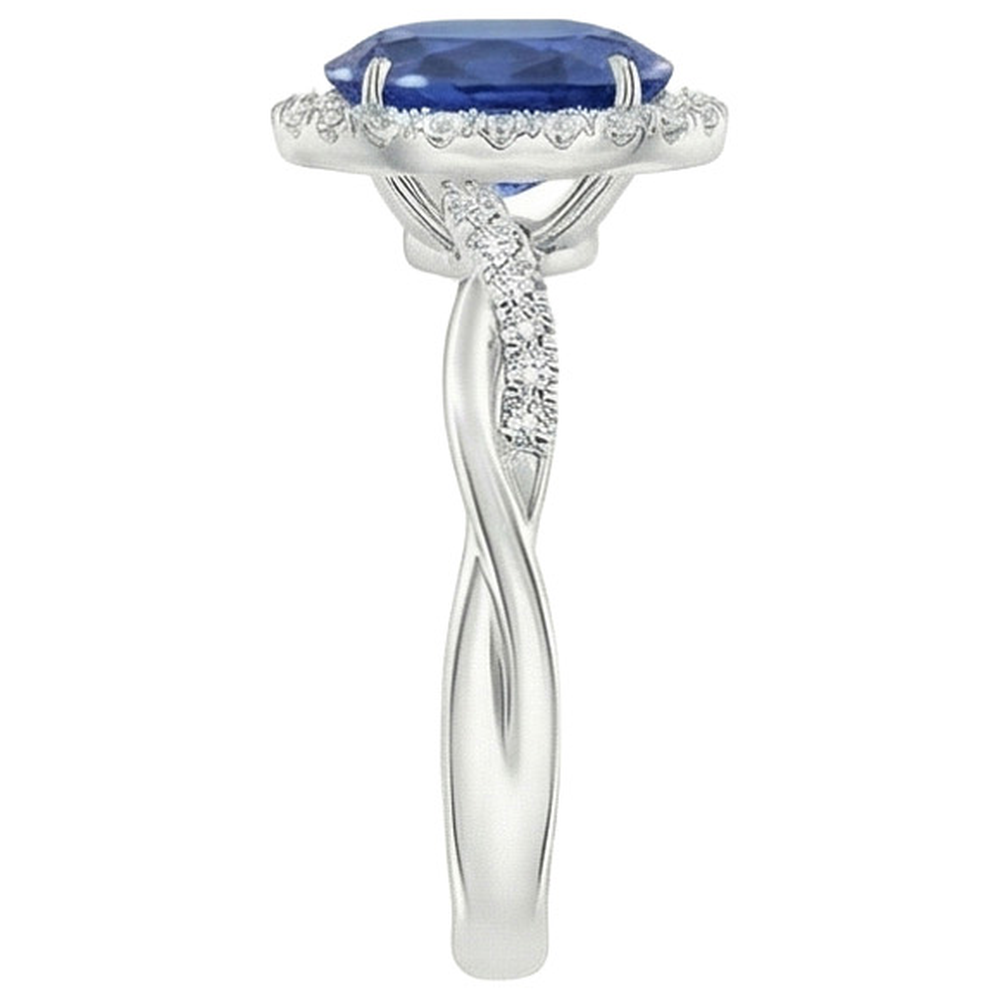 Anello Halo Diamante Bianco Zaffiro Blu Naturale Con Gambo Ritorto 5 Carati