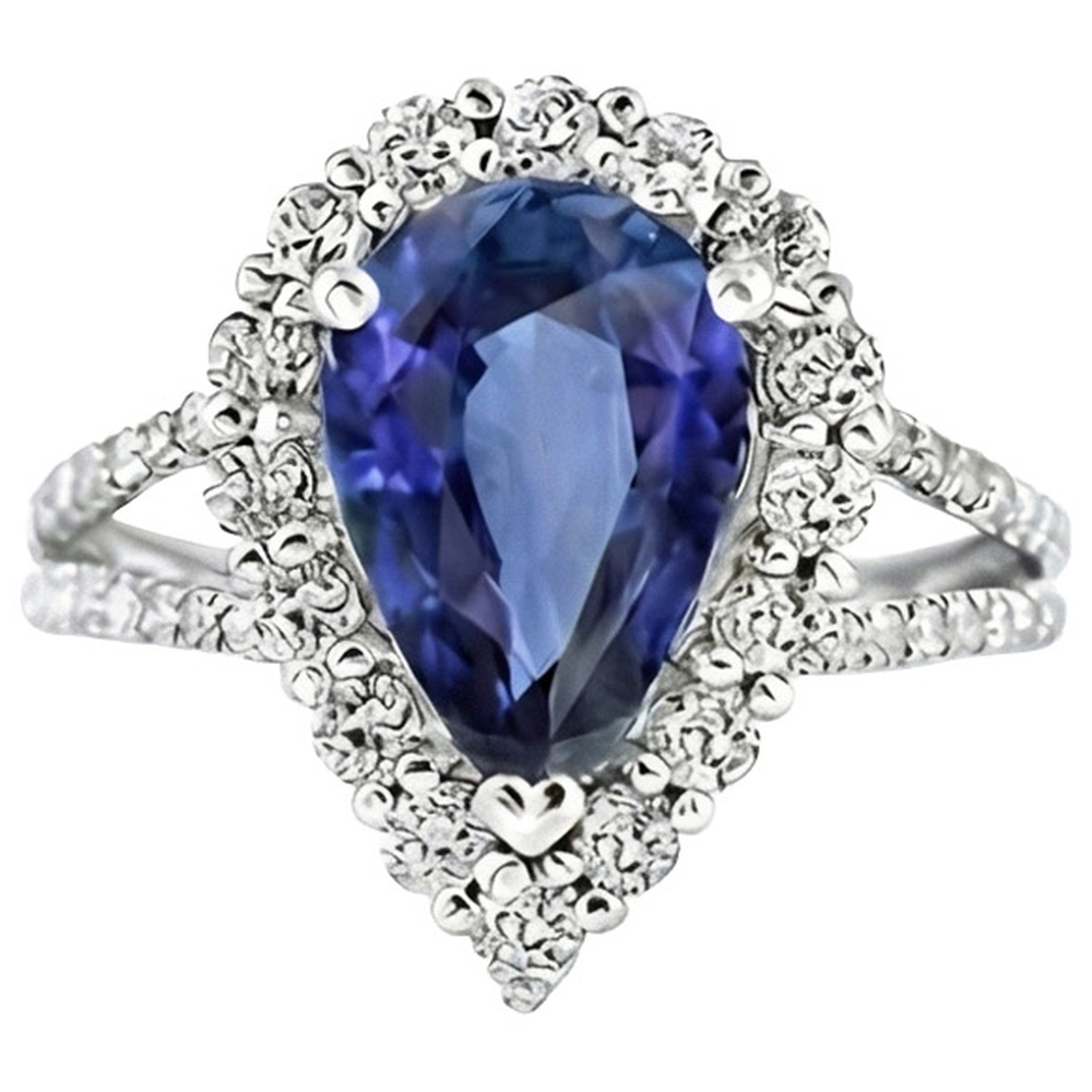 Anello Halo Diamante Naturale Autentico ( non creato in laboratorio ) Pera Zaffiro Sri Lanka 5.50 Carati Gambo Spaccato