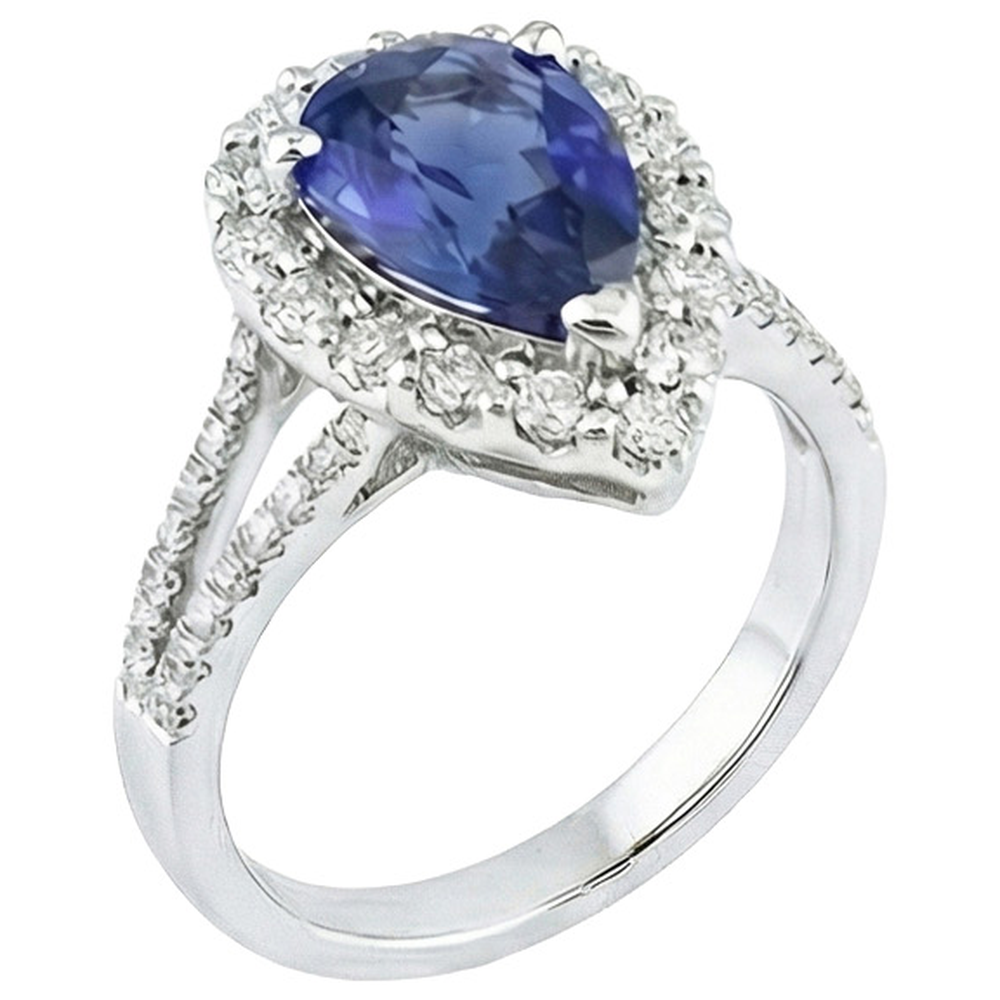 Anello Halo Diamante Naturale Autentico ( non creato in laboratorio ) Pera Zaffiro Sri Lanka 5.50 Carati Gambo Spaccato