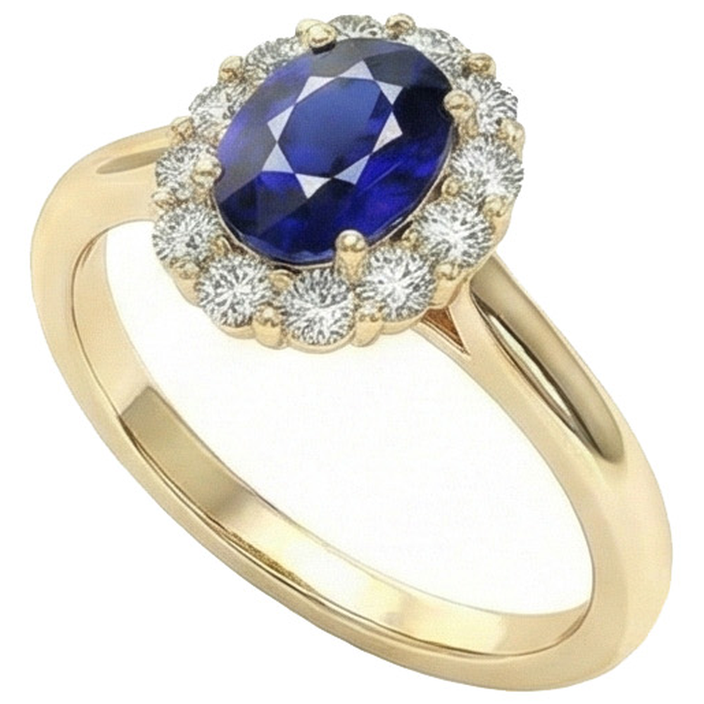 Anello Halo Diamante Oro Giallo Ovale Zaffiro Ceylon 5.25 Carati