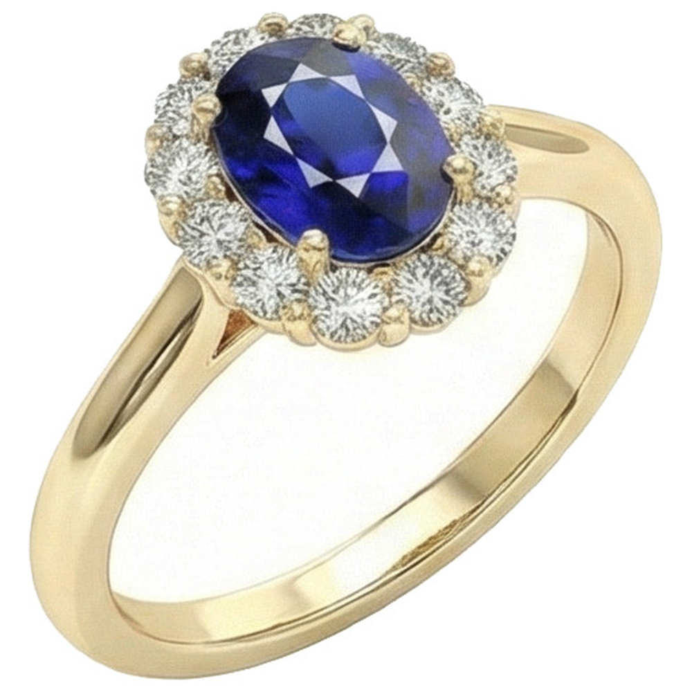 Anello Halo Diamante Oro Giallo Ovale Zaffiro Ceylon 5.25 Carati