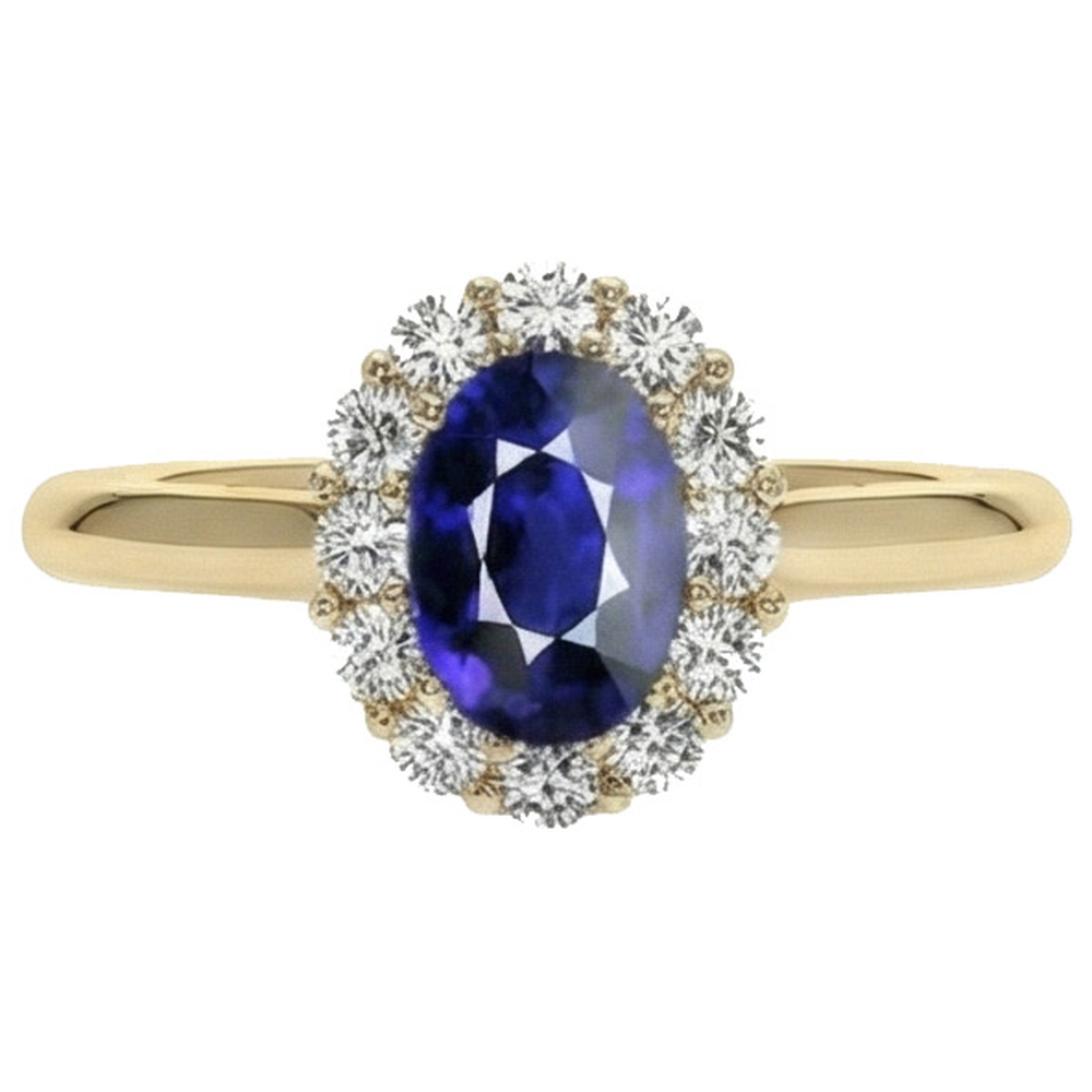 Anello Halo Diamante Oro Giallo Ovale Zaffiro Ceylon 5.25 Carati