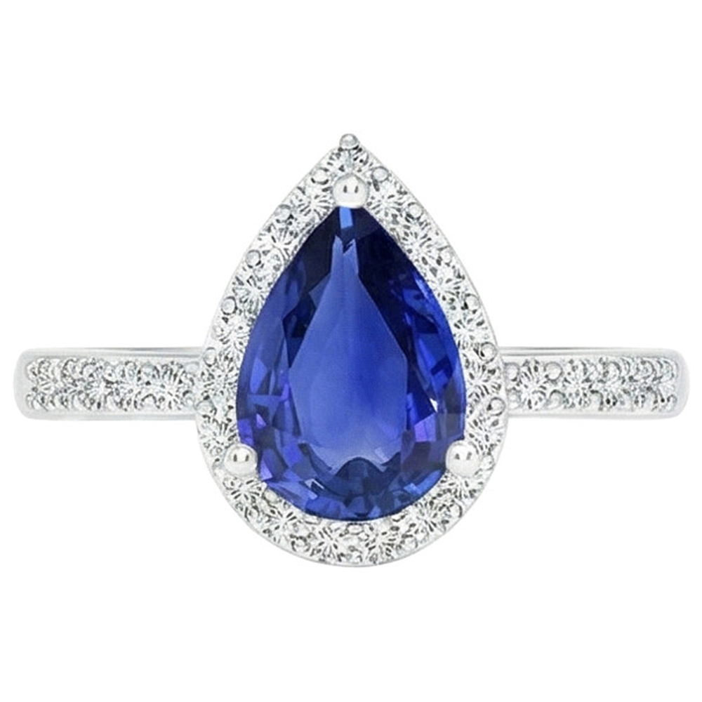 Anello Halo Diamond Blue Sapphire stile a goccia con accenti 5.50 carati