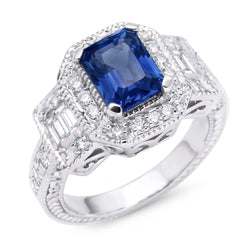 Anello Halo Diamond Zaffiro Radiante 2.50 Carati Stile Vintage Baguette